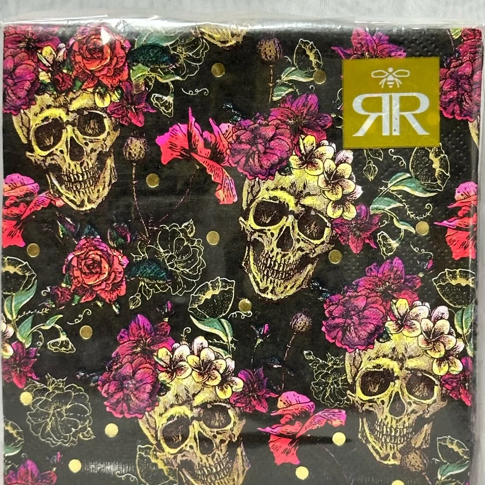 Floral Skull Party Napkins - Black and Pink